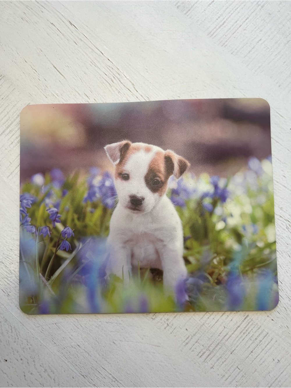 Cute Puppy Mouse Pad with Floral Scene - White & Brown Puppy